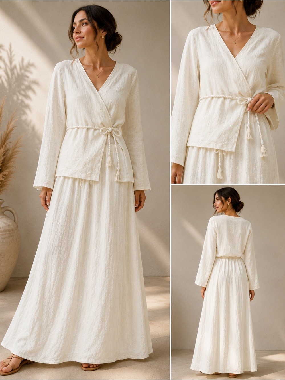 Women's Cream Wrap Maxi Robe with Braided Tassel Belt